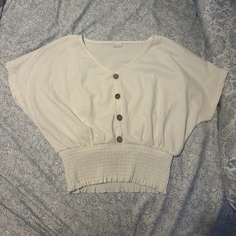 Cream Button-Front Smocked Crop Top